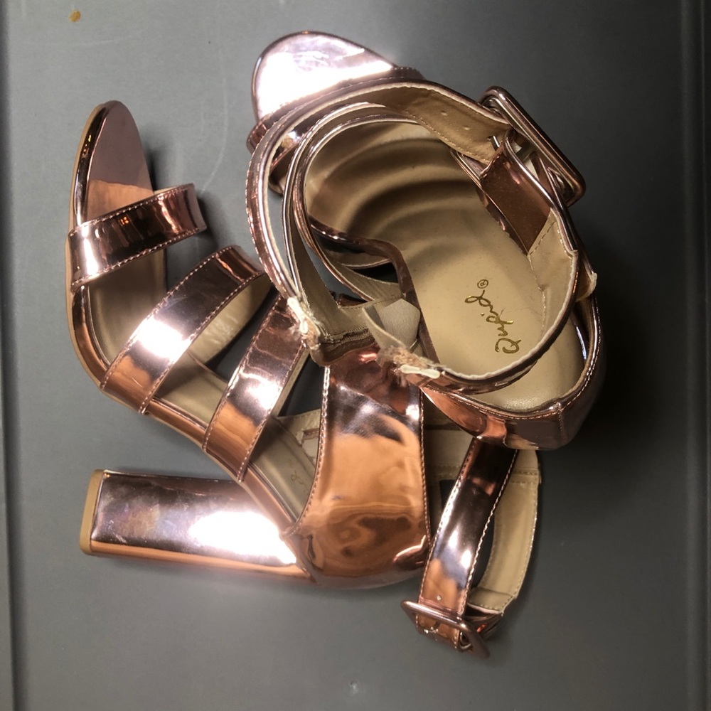 Rose Gold Strappy Chunky Heels - Picture 2 of 6